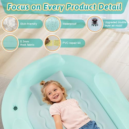 Toddler air bed with three sided raised bumpers and flocked pillow detail.