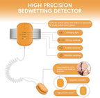 Orange enuresis alarm showing sound and vibration mode buttons.
