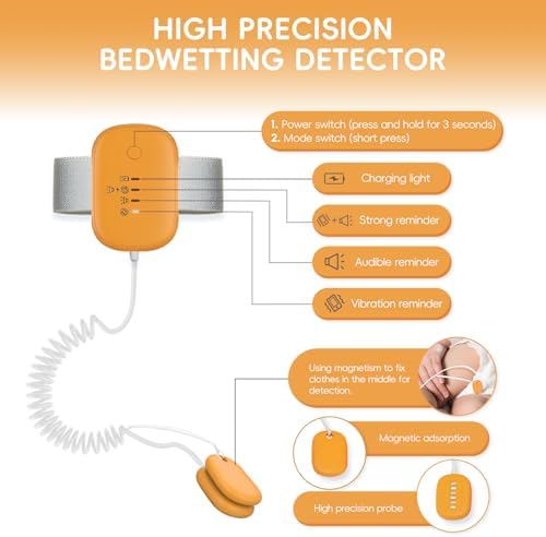 Orange enuresis alarm showing sound and vibration mode buttons.