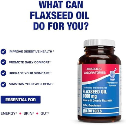 Hexane free cold pressed flaxseed oil 180 softgels dietary supplement bottle angle view