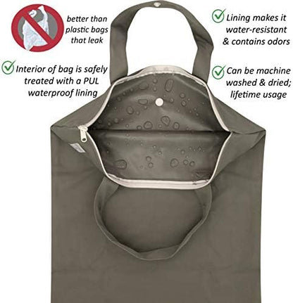Mom & Bab wet bag demonstrating size with cloth diapers