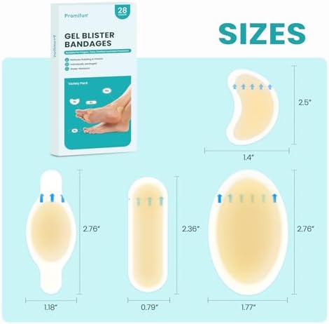 Promifun Hydrocolloid Bandages assortment showing four distinct gel cushion shapes for custom toe and heel protection