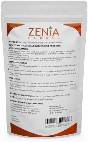 Triple-sifted green henna powder displayed next to the official Zenia brand pouch