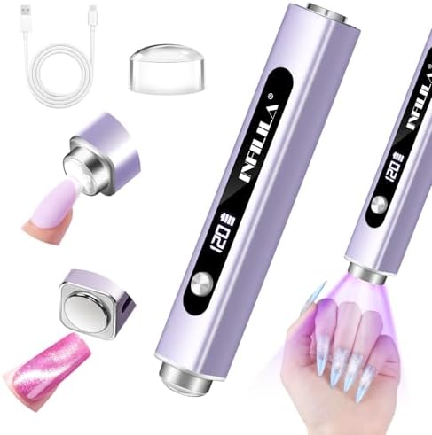 NXJ INFILILA Handheld UV Light for Gel Nails front view displaying the purple aluminum body and digital timer screen.