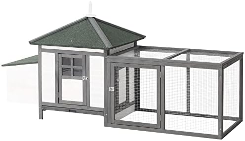 PawHut 77" Wooden Chicken Coop with Nesting Box, Cute Outdoor Hen House with Removable Tray, Ramp Run, for Garden Backyard, Gray - Image 2