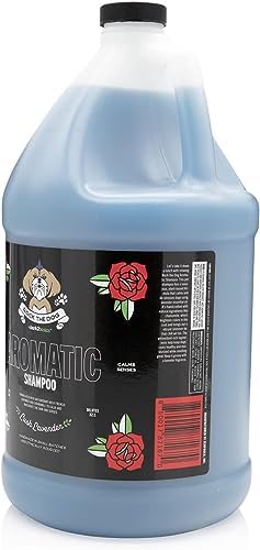 Side view of the handcrafted plant based pet shampoo bottle showcasing its large grooming size.