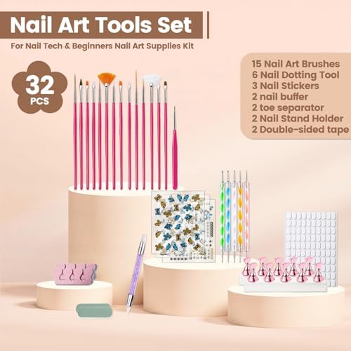 Close up of 15 piece nail art brush set for professional design