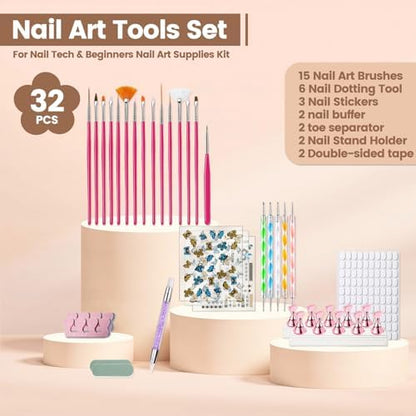 Close up of 15 piece nail art brush set for professional design