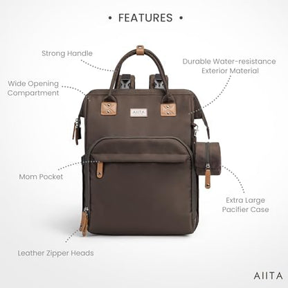 AIITA travel baby bag rear view displaying the expanded portable changing station and soft mattress pad.