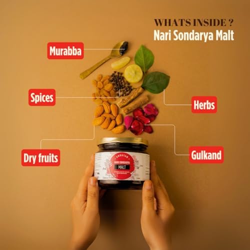 Amrutam Nari Sondarya Malt label highlighting Ayurvedic herbs