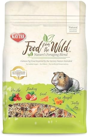 Kaytee natural forage blend for guinea pigs showcasing Timothy hay and dried carrots