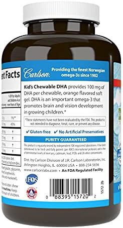 Carlson Kids Chewable DHA orange flavored softgels nutritional facts and ingredient label details