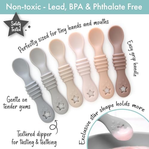 Close up view of the star shaped dipper end on the PrimaStella silicone infant training spoon.