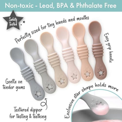 Close up view of the star shaped dipper end on the PrimaStella silicone infant training spoon.