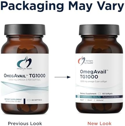 Designs for Health OmegAvail TG1000 supplement facts panel displaying high potency EPA and DHA ingredients