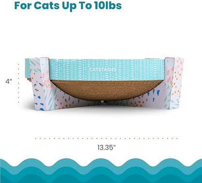 Side angle view of the lightweight and portable Catstages cat scratcher bed showing full dimensions and structural support.