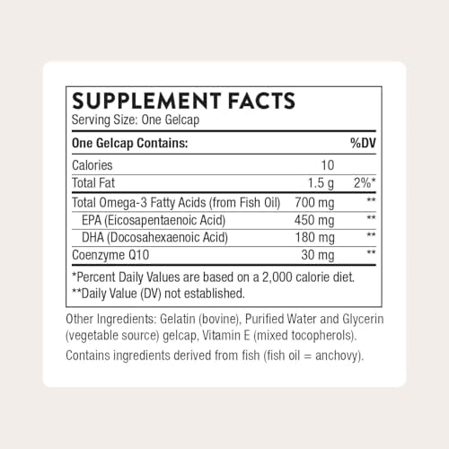 Thorne Omega-3 with CoQ10 supplement facts label close-up