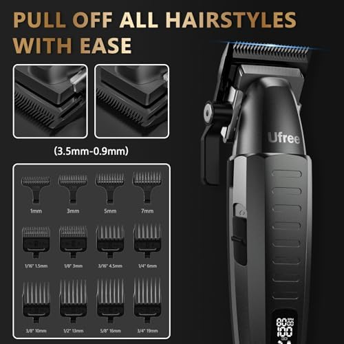 Close up of the ultra sharp black titanium blades on the Ufree hair trimmer