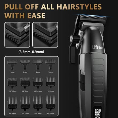 Close up of the ultra sharp black titanium blades on the Ufree hair trimmer