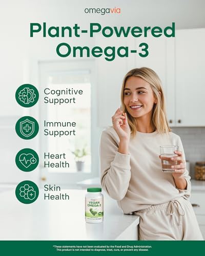 OmegaVia Vegan Omega 3 supplement bottle showing 60 softgels label