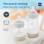 Side angle of the MAM anti colic baby bottle highlighting the clear fluid ounce measurements