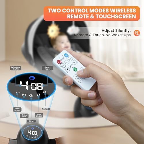Close-up view of the wireless remote control and LED display panel on the TouHeart swing base.