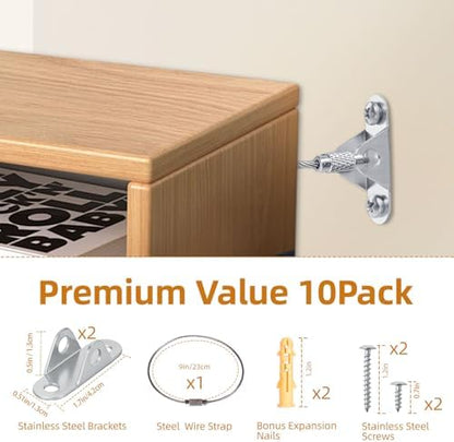 Close up view of the durable steel wire cable and metal mounting hardware included in the baby proofing kit.
