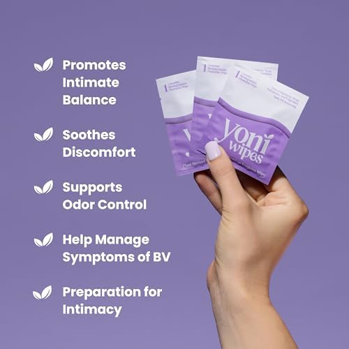 Close up of Yoni Wipes packaging showing alcohol-free and paraben-free claims.