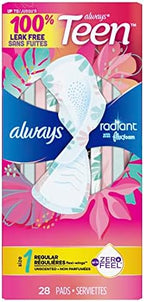 Size chart and fit guide for Always Radiant Teen regular absorbency pads.
