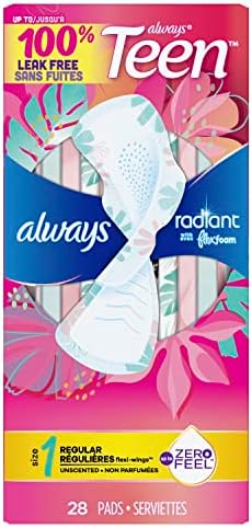 Size chart and fit guide for Always Radiant Teen regular absorbency pads.
