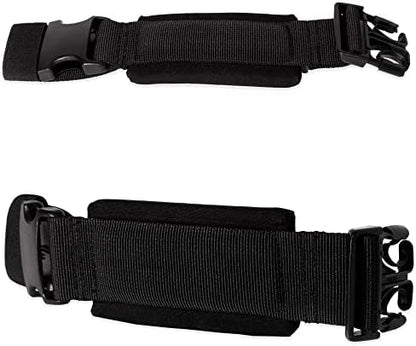 Adjustable black baby carrier extension buckle close up view for ergonomic sizing