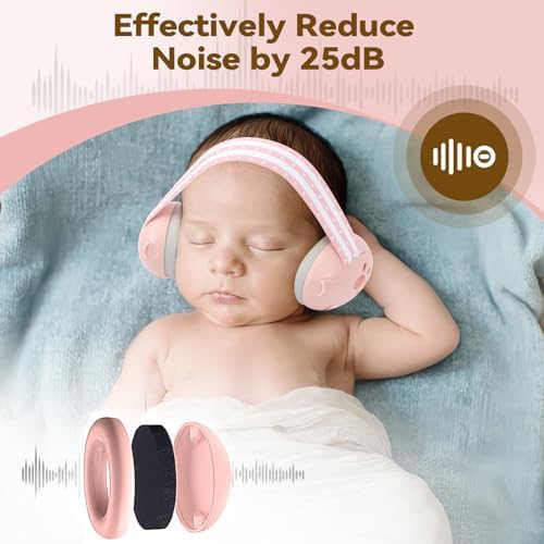 Infant wearing Dithin noise protection earmuffs with elastic strap