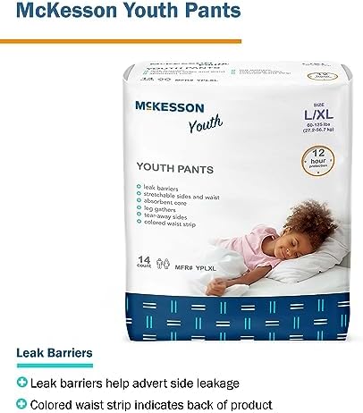 McKesson Youth Underwear pack of fifty-six count showing detailed sizing and weight guidelines.