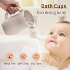 Soft flexible rim of the YOSEGOOTER shampoo rinser cup resting on baby forehead