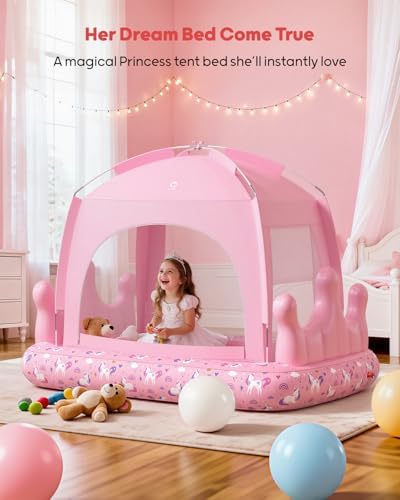 QPAU portable kids air mattress with safety sides fully inflated in a room setting