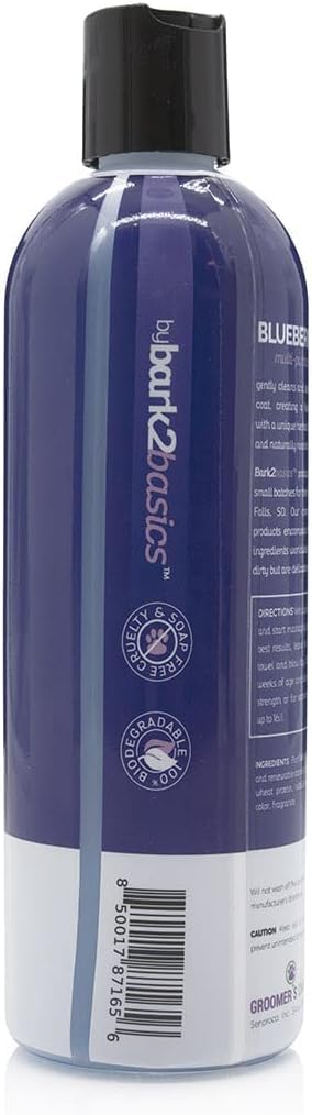 Bark 2 Basics professional detangling dog conditioner bottle highlighting natural ingredients and 16 to 1 dilution ratio