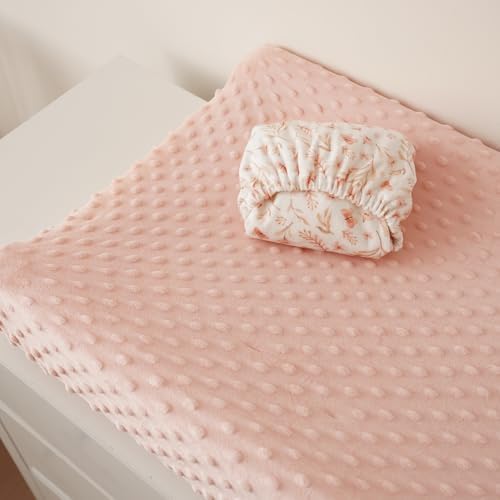 Konssy pink floral and blush minky sheets fitted on standard pad