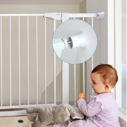 Pressure mounted safety gate extension kit applied to a pet gate near stairs.
