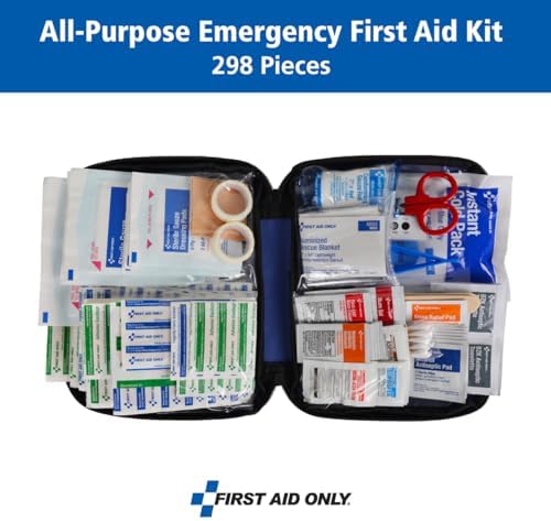 First Aid Only FAO-442 kit opened showing organized clear plastic pockets