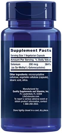 Life Extension selenium supplement 200 mcg back label showing supplement facts and ingredients.