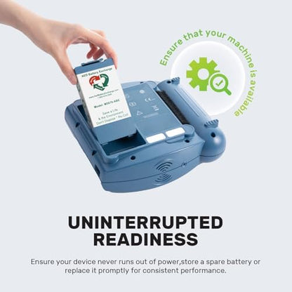 Comparison view of the Vbegin replacement battery next to a Philips HeartStart device.