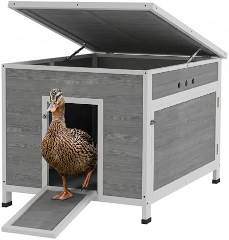 PawHut Duck Coop, Wooden Chicken House Rabbit Hutch with Openable Roof, Removable Floor, Double Doors, Ramp, Duck House for 3-6 Chickens, Geese, 30" x 38" x 30" - Image 2
