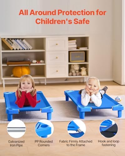 Close up view of the rounded blue plastic safety corners and sturdy galvanized steel frame construction.