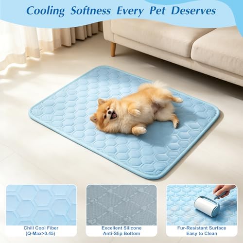 Zomisia non toxic cold pet mat positioned inside an extra large dog kennel for summer relief.