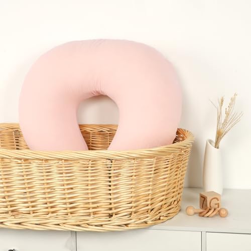 Top view of pink Hooyax muslin baby nursing pillow slipcover