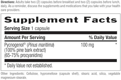 Back view of Country Life Pycnogenol supplement highlighting the free of yeast soy and wheat disclosures.