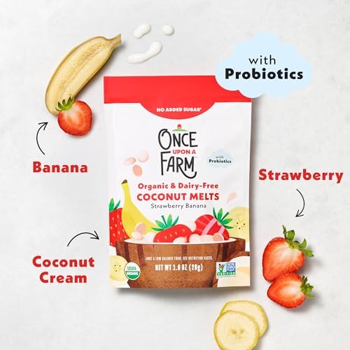Back label of Once Upon A Farm strawberry banana melts showing organic ingredients list.
