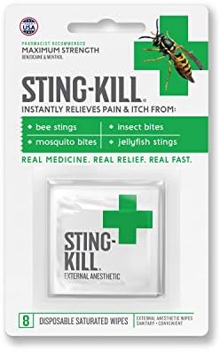 Sting-Kill maximum strength wipes for bee sting and mosquito bite pain relief application.