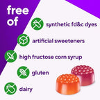 Vitafusion bone and immune support gummy bottle next to fresh fruit illustrations.