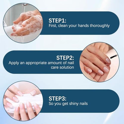COTGOT 3 Days Nail Care bottle sitting next to manicured hands displaying a glossy finish.